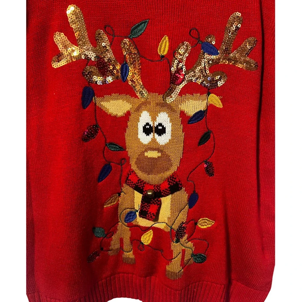 Karen Scott Red Reindeer Christmas Sweater Sequin Lights Ugly Holiday XL - Picture 2 of 5